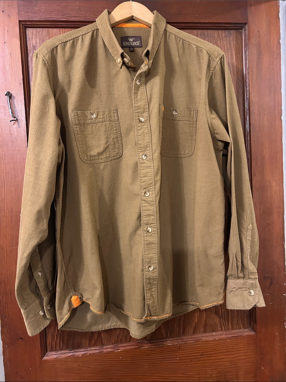 King Ranch: Men's Medium Brown Corduroy Cotton Button-Down Shirt w/ Pockets, XL